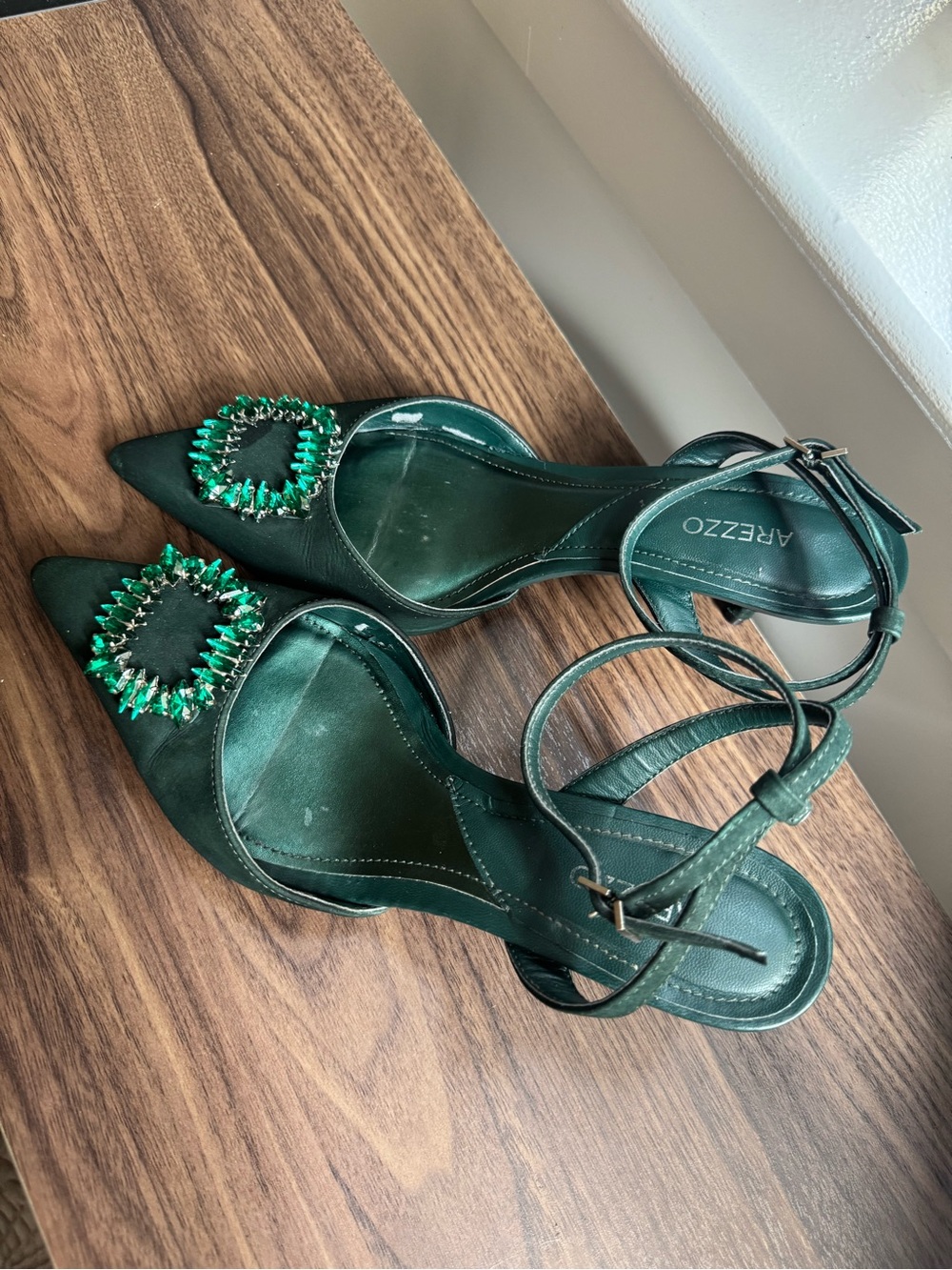 Arezzo Emerald Green Jeweled Pointed-Toe Ankle-Strap Heels